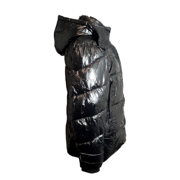 Kensie Black Puffer Jacket With Hood Wet Look Glossy - Picture 4 of 12